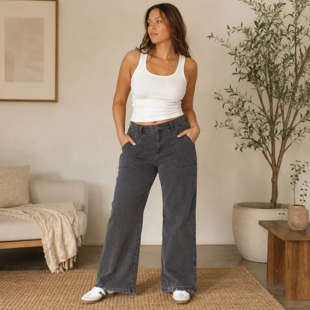Aerie Pants Womens Large Gray High Waisted Wide Leg Raw Hem Cotton Linen Utility
